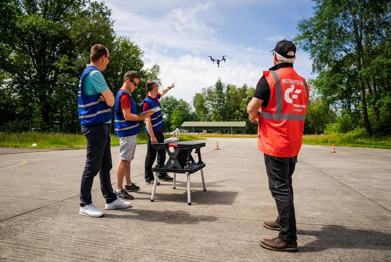 Personen kijkend naar een drone die in de lucht vliegt te Enschede - Uit in Enschede