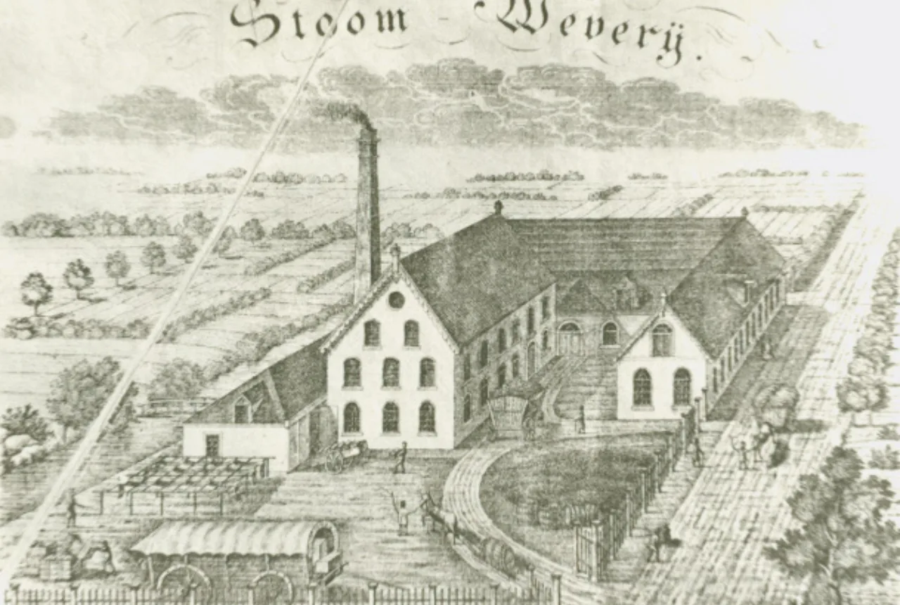 1850 prent van oude stoomweverij fabriek Blijdenstein Enschede - Uit in Enschede